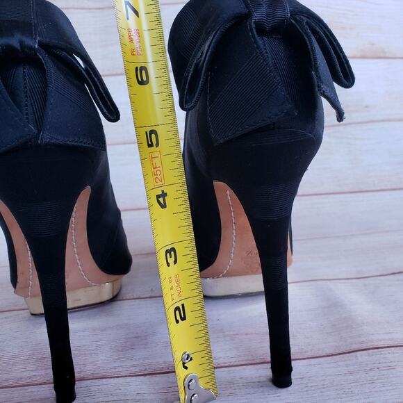 Alice + Olivia by Stacey Bendet Black Faille Fabric Platform Heels Bow Pumps - Picture 10 of 16